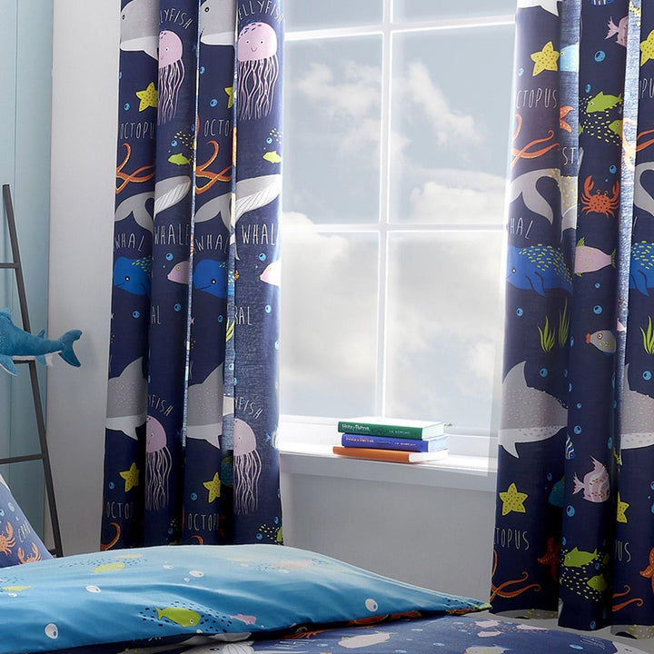 Sea Life Blue Lined Tape Top Curtains - Ideal