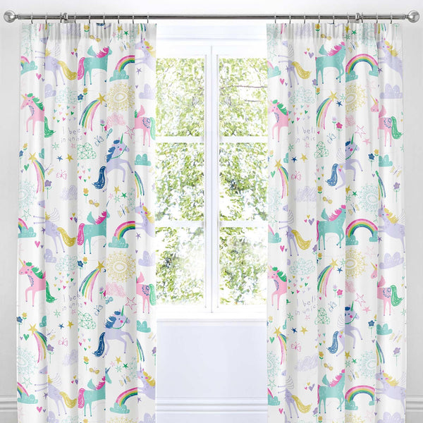 Rainbow Unicorn Lined Tape Top Curtains - Ideal