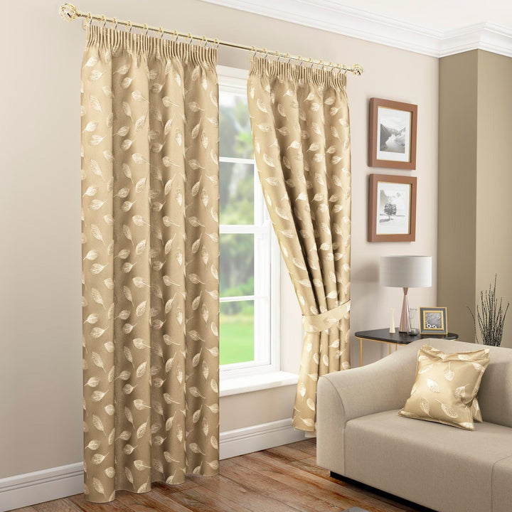 Rowan Jacquard Leaf Lined Tape Top Curtains Gold - 46'' x 54'' - Ideal Textiles