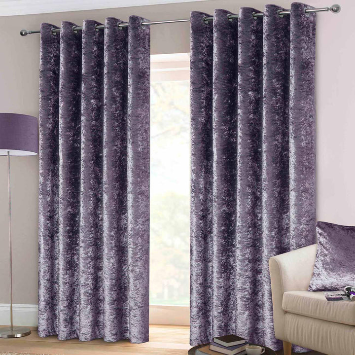 Crushed Velvet Lined Eyelet Curtains Amethyst - 66'' x 72'' - Ideal Textiles