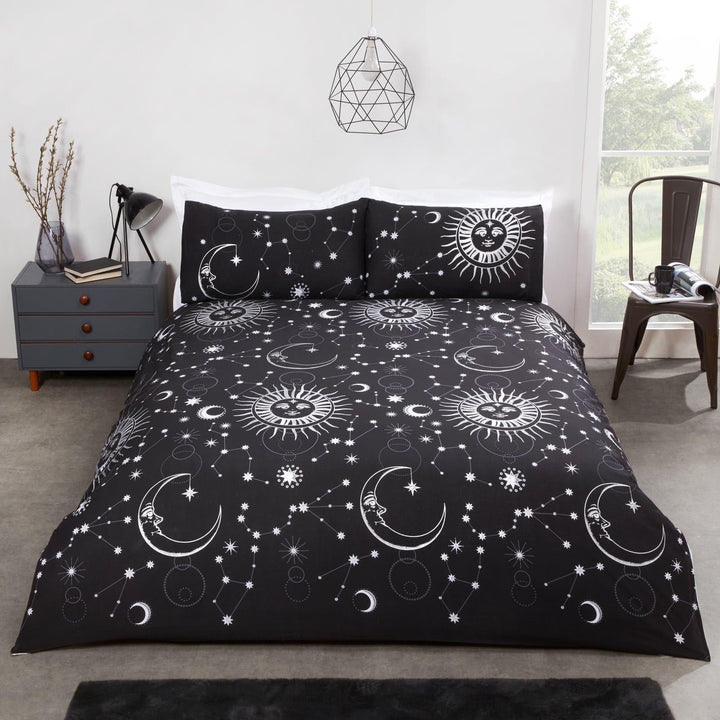 Celestial Metallic Moon & Stars Black Duvet Cover Set - Single - Ideal Textiles