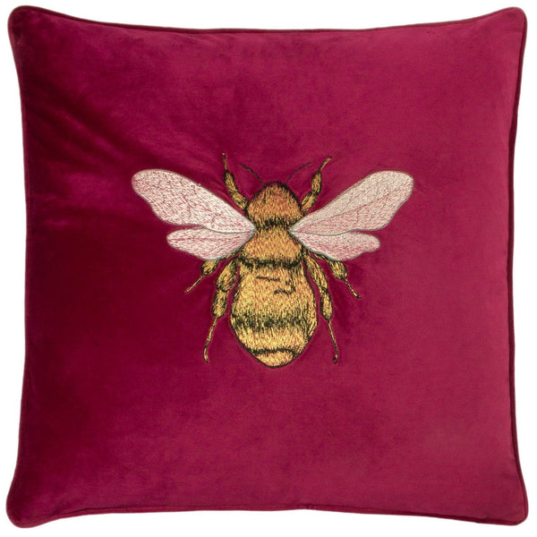 Hortus Fuchsia Embroidered Bee Velvet Cushion Cover 20'' x 20'' -  - Ideal Textiles