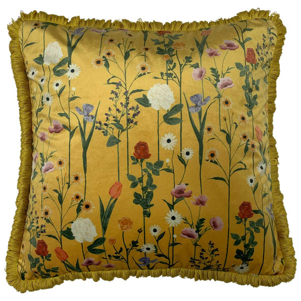 Fleura Fringed Floral Velvet Ochre Cushion Covers 20'' x 20'' -  - Ideal Textiles