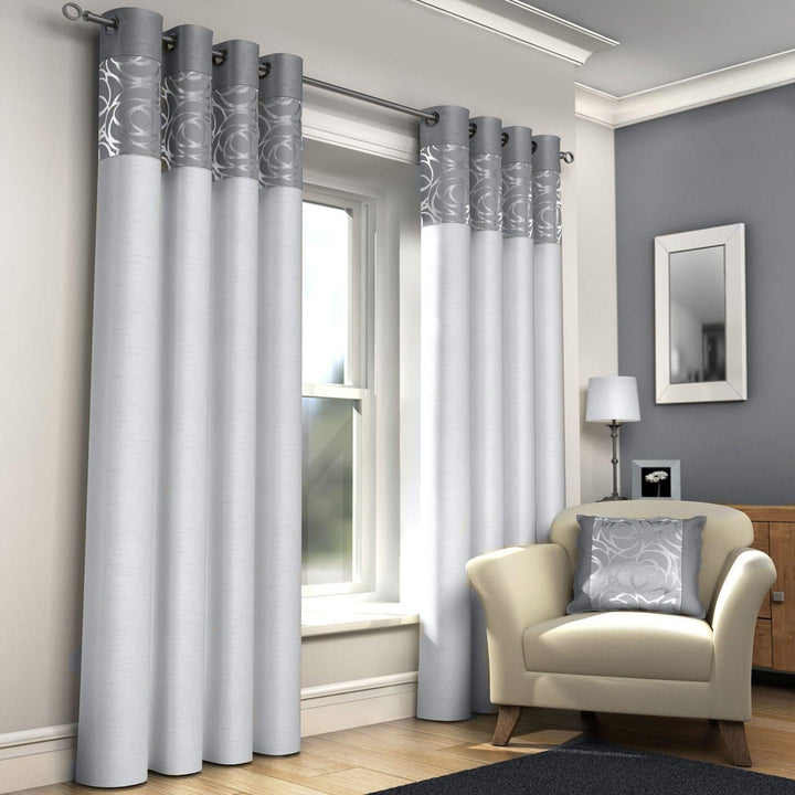 Skye Metallic Faux Silk Lined Eyelet Curtains Silver - 46'' x 54'' - Ideal Textiles