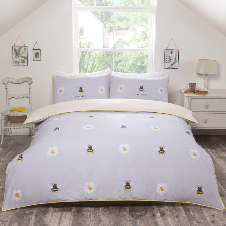Bee Kind Bumblebee Daisy Grey Duvet Cover Set - Single - Ideal Textiles