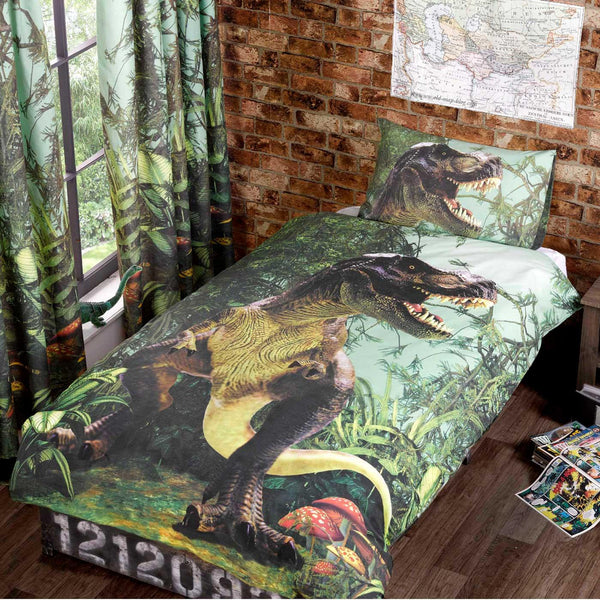 T-Rex Dinosaur Print Green Kids Duvet Cover Set - Single - Ideal Textiles