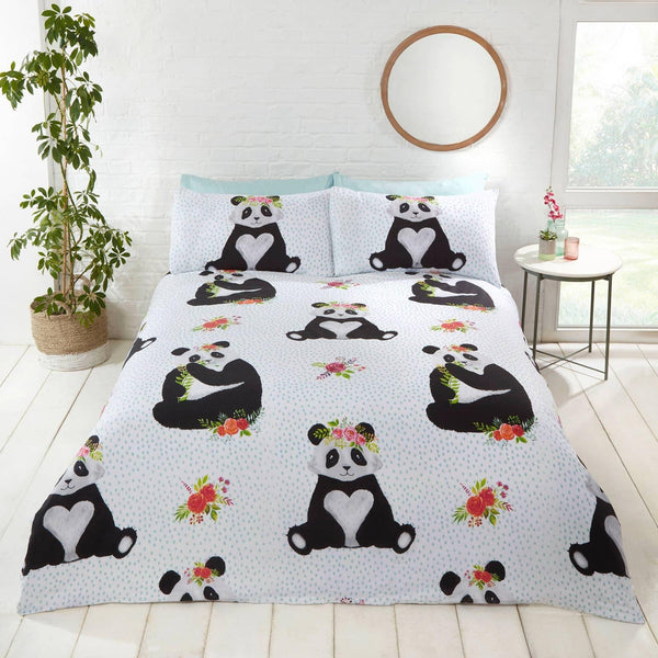 Panda Bear Floral White Duvet Cover Set - Single - Ideal Textiles