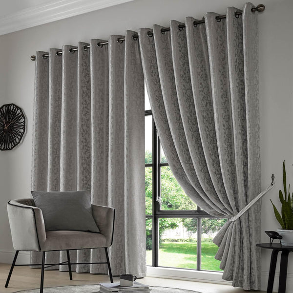 Keswick Jacquard Lined Eyelet Curtains Silver - 46" x 54" - Ideal Textiles