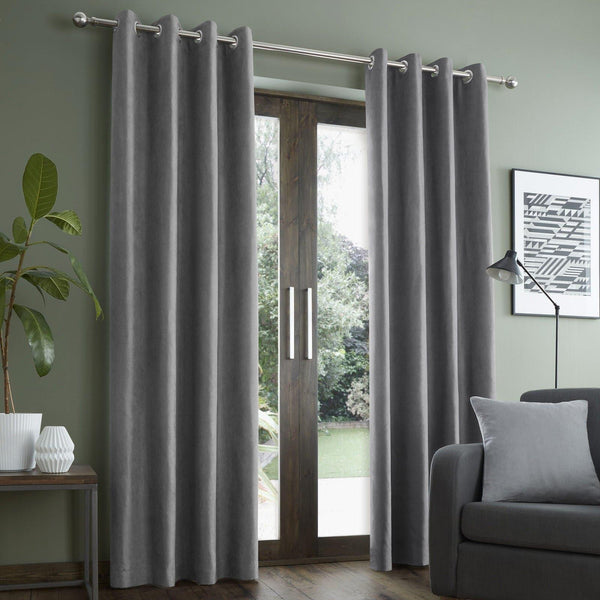 Faux Suede Lined Eyelet Curtains Grey - 46'' x 54'' - Ideal Textiles