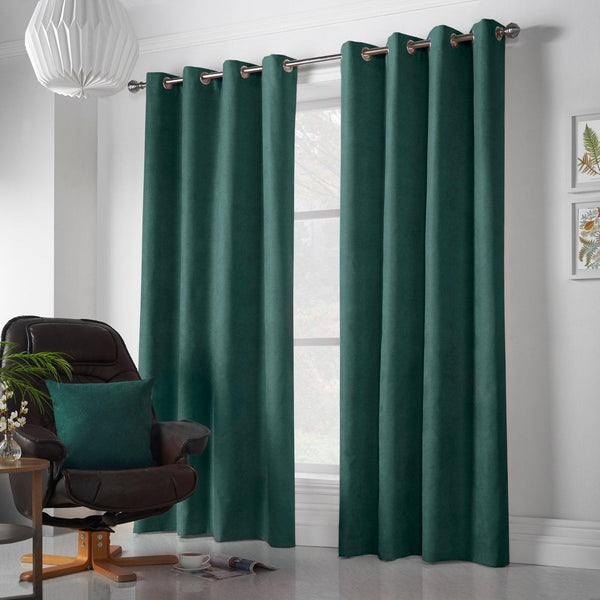 Velvet Chenille Lined Eyelet Curtains Green - 56'' x 54'' - Ideal Textiles