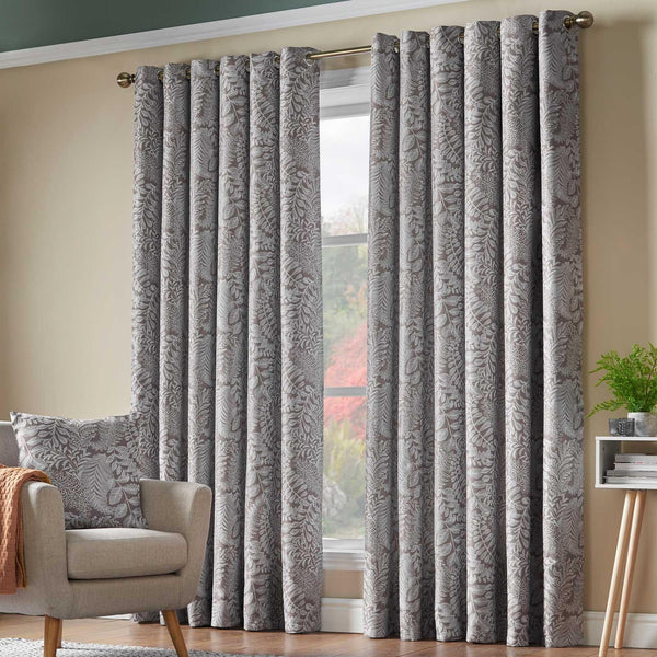 Ferndown Leaf Thermal Blockout Eyelet Curtains Latte - 66'' x 54'' - Ideal Textiles
