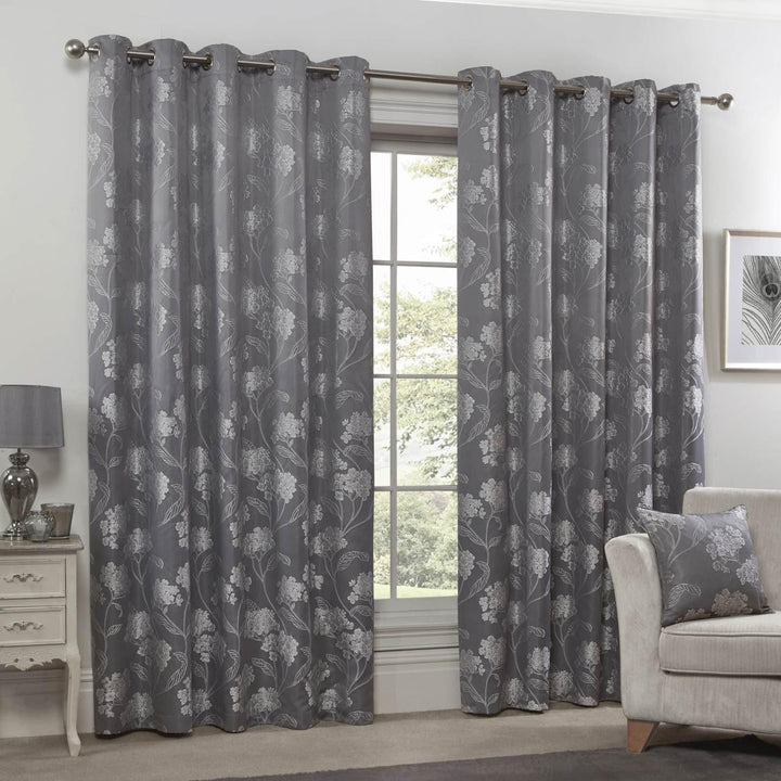 Blossom Floral Jacquard Lined Eyelet Curtains Silver - Ideal