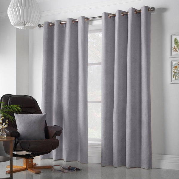 Velvet Chenille Lined Eyelet Curtains Silver - 56'' x 54'' - Ideal Textiles