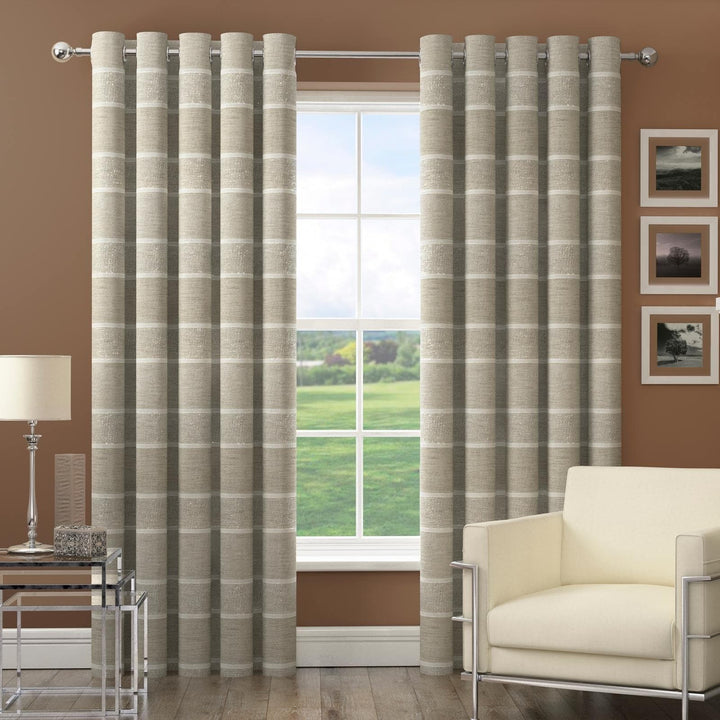 Harlem Stripe Lined Eyelet Voile Curtains Natural - 46'' x 54'' - Ideal Textiles