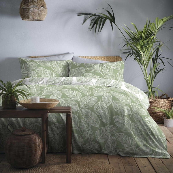 Matteo Palm Leaf Print Reversible Green Duvet Cover Set - Single - Ideal Textiles