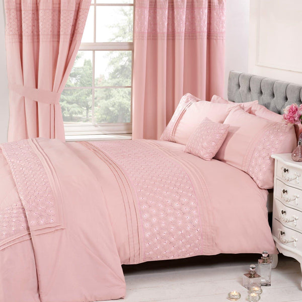 Everdean Lace Pin-Tuck Pink Duvet Cover Set - Double - Ideal Textiles