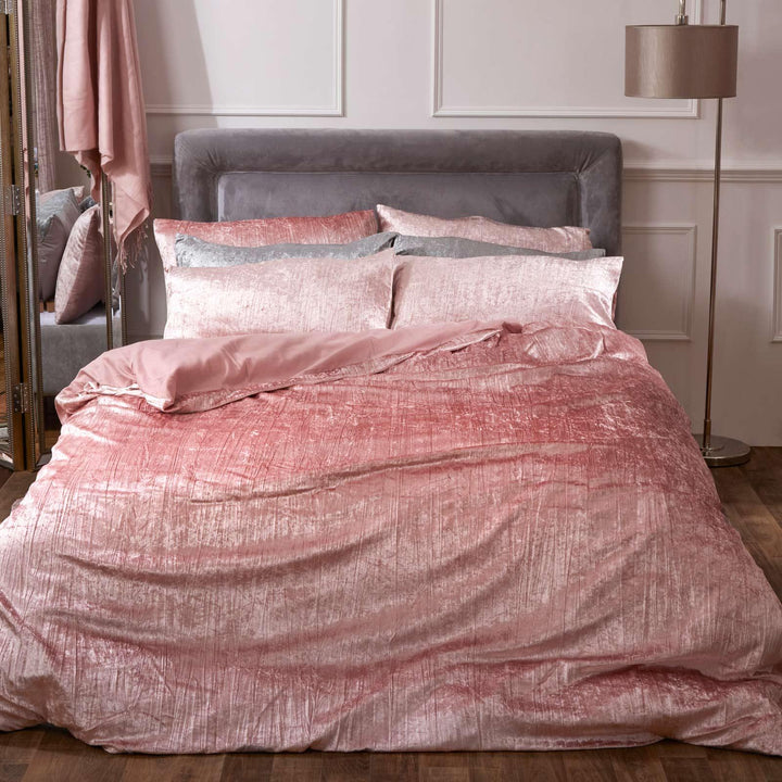 Stella Crushed Velvet Crinkled Blush Pink Duvet Cover Set - Single - Ideal Textiles