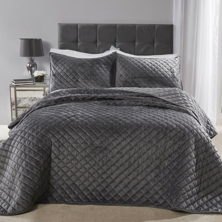 Regent Diamond Stitch Velvet Quilted Silver Bedspread -  - Ideal Textiles