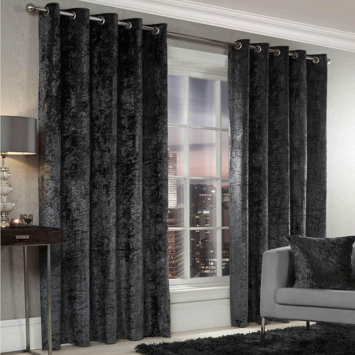 Crushed Velvet Lined Eyelet Curtains Charcoal - 46'' x 54'' - Ideal Textiles