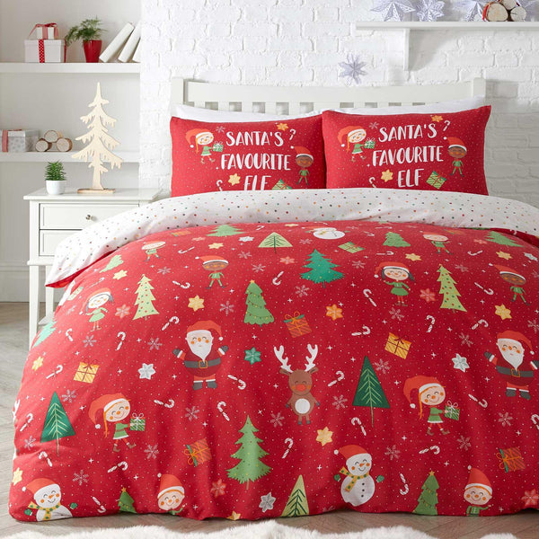 Elf & Santa Reversible Christmas Red Duvet Cover Set - Single - Ideal Textiles