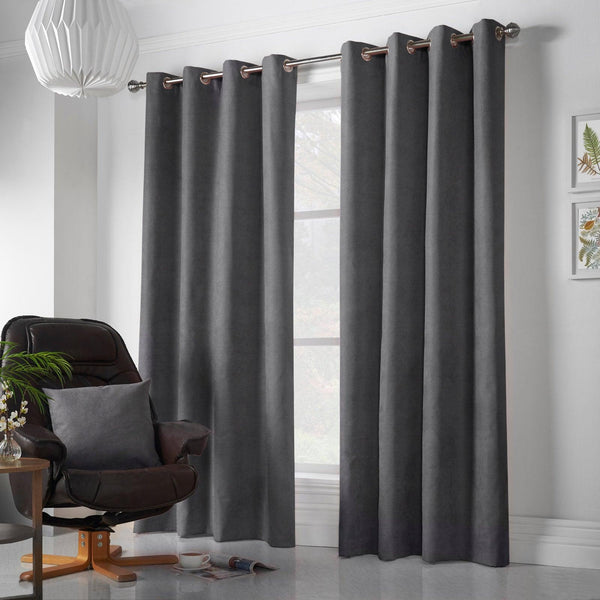 Velvet Chenille Lined Eyelet Curtains Slate - 56'' x 54'' - Ideal Textiles