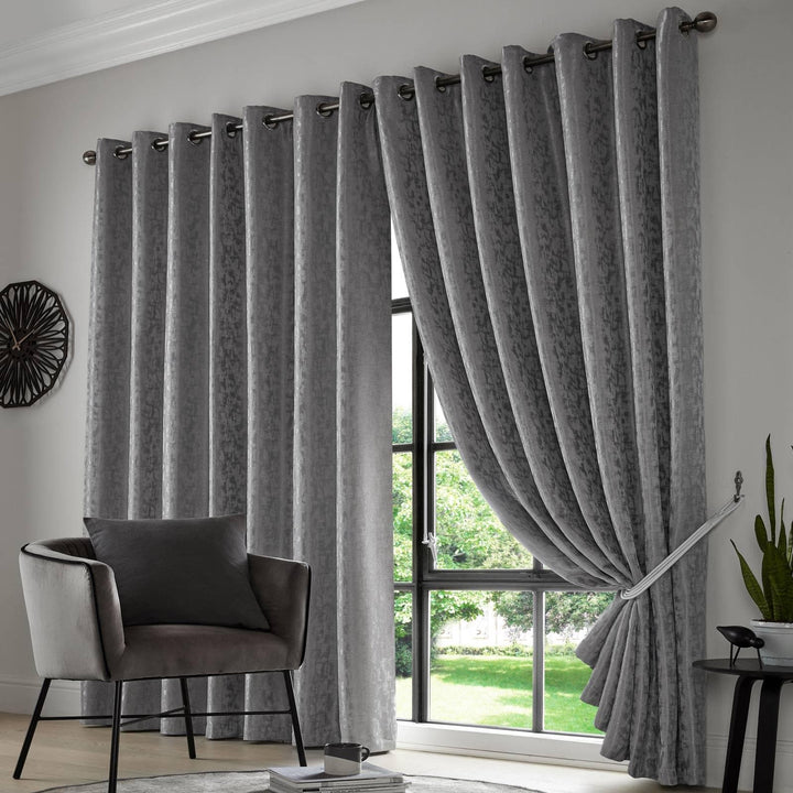 Keswick Jacquard Lined Eyelet Curtains Pewter - 46" x 54" - Ideal Textiles