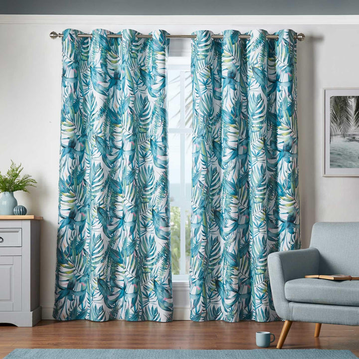 Malay Palms Thermal Blockout Eyelet Curtains Green - 66'' x 54'' - Ideal Textiles