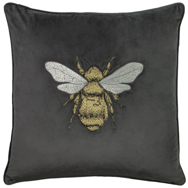 Hortus Charcoal Embroidered Bee Velvet Cushion Cover 20'' x 20'' -  - Ideal Textiles