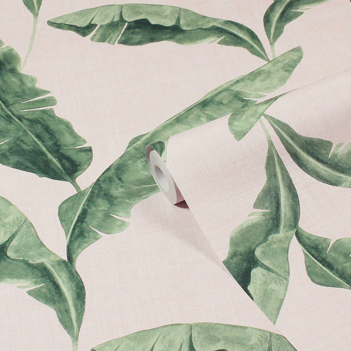 Plantain Leaf Wallpaper Green & Blush - Ideal
