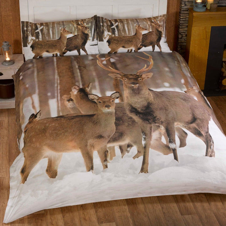 Winter Stag Woodland Photographic Natural Duvet Cover Set - Double - Ideal Textiles