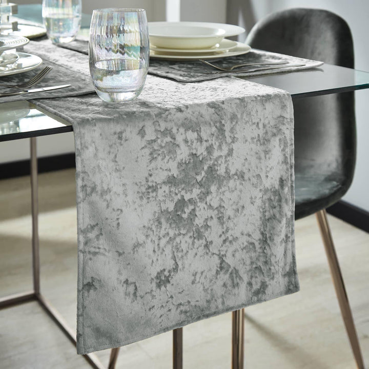 Crushed Velvet Table Runners Silver - 33cm x 180cm - Ideal Textiles
