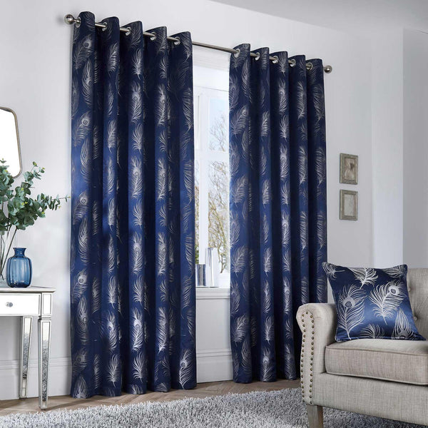 Feather Metallic Jacquard Lined Eyelet Curtains Navy - Ideal