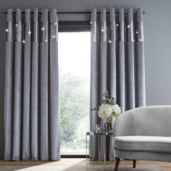 Crushed Velvet Glamour Sequin Lined Eyelet Curtains Grey - Ideal