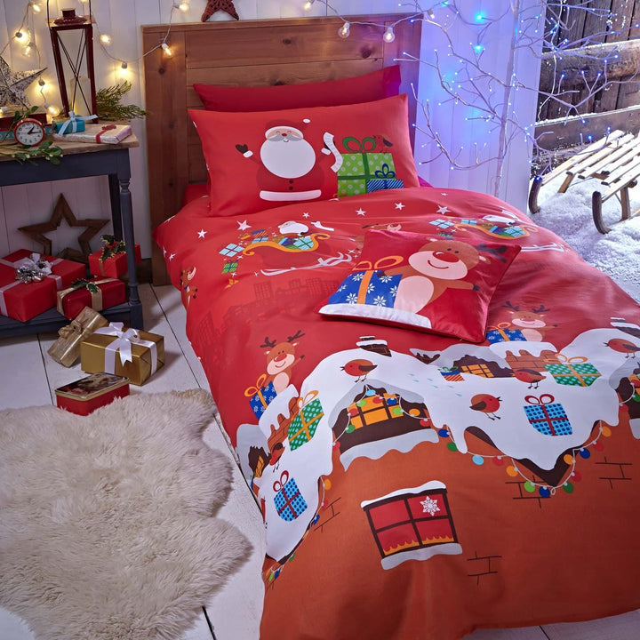 Santa's Christmas Presents Kids Red Duvet Cover Set - Toddler - Ideal Textiles