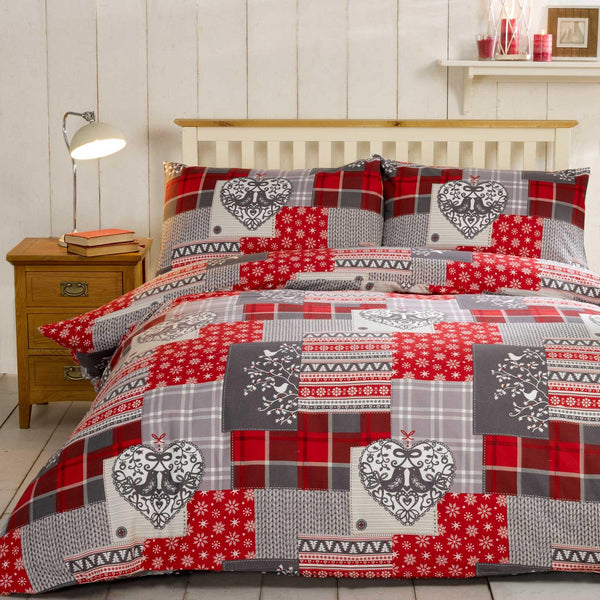 Alpine Patchwork 100% Brushed Cotton Flannelette Red Duvet Cover Set - Single - Ideal Textiles