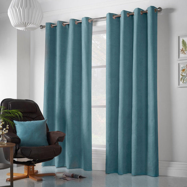 Velvet Chenille Lined Eyelet Curtains Teal - 56'' x 54'' - Ideal Textiles