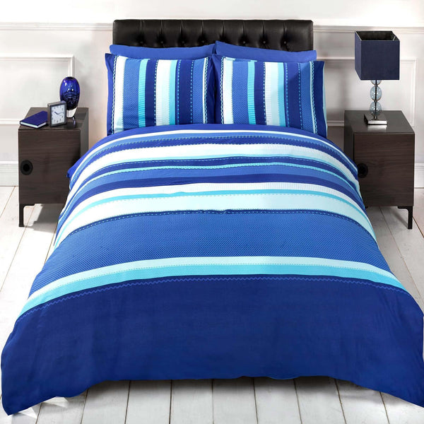 Detroit Banded Stripe Blue Duvet Cover Set - Single - Ideal Textiles
