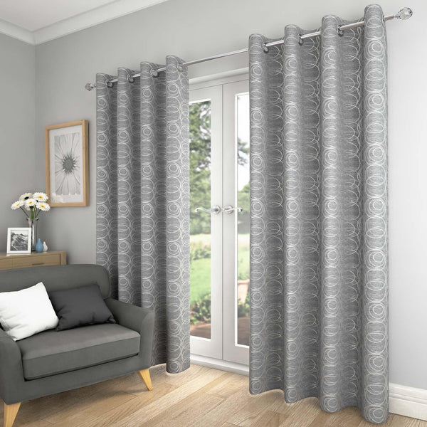 Saturn Woven Metallic Lined Eyelet Curtains Silver - 46'' x 54'' - Ideal Textiles
