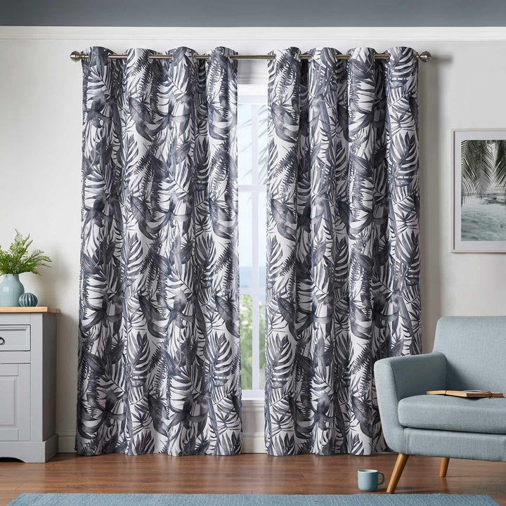 Malay Palms Thermal Blockout Eyelet Curtains Charcoal - 66'' x 54'' - Ideal Textiles