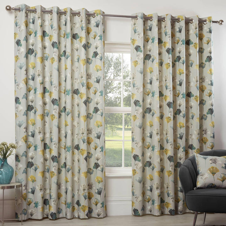 Camarillo Watercolour Floral Lined Eyelet Curtains Ochre - 46'' x 54'' - Ideal Textiles