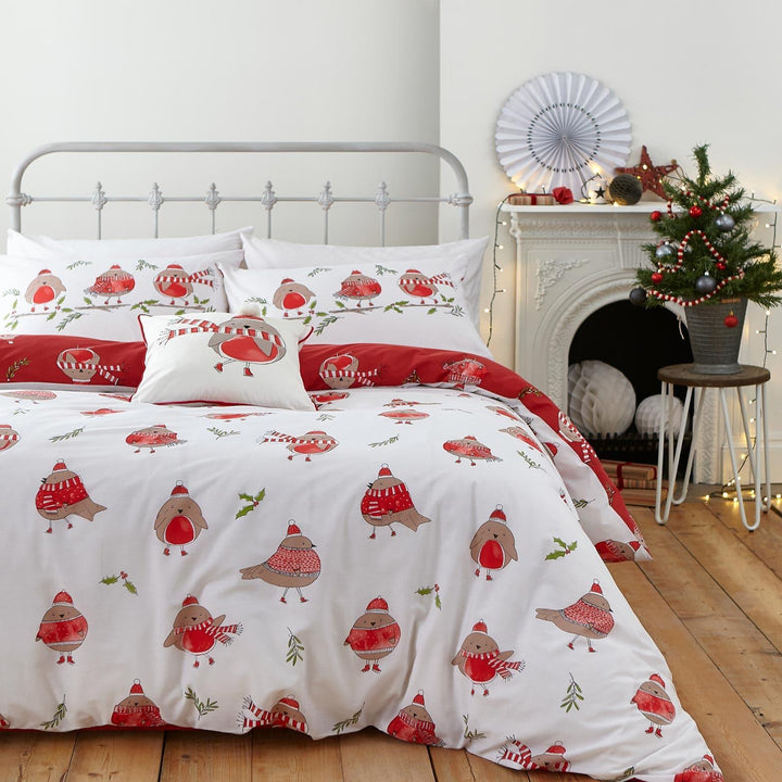Robins Festive Reversible White & Red Christmas Duvet Cover Set - Single - Ideal Textiles
