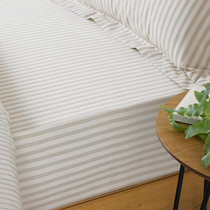 Hebden Striped 100% Cotton Natural Fitted Sheets - Single - Ideal Textiles