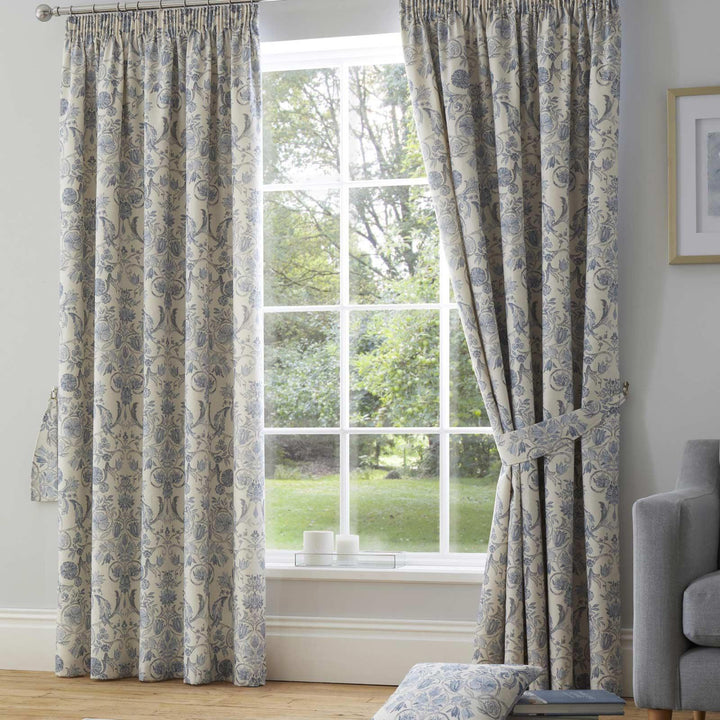 Averie Heritage Floral Lined Tape Top Curtains Blue - 46'' x 54'' - Ideal Textiles