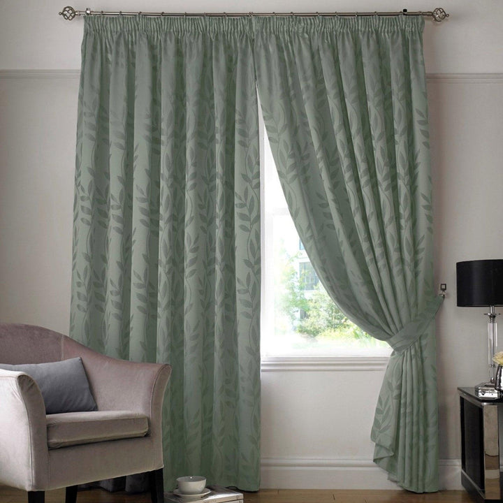 Tivoli Leaf Jacquard Lined Tape Top Curtains Sage - 46'' x 54'' - Ideal Textiles
