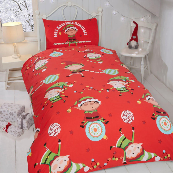 Naughty Elves Kids Red Christmas Duvet Cover Set - Toddler - Ideal Textiles
