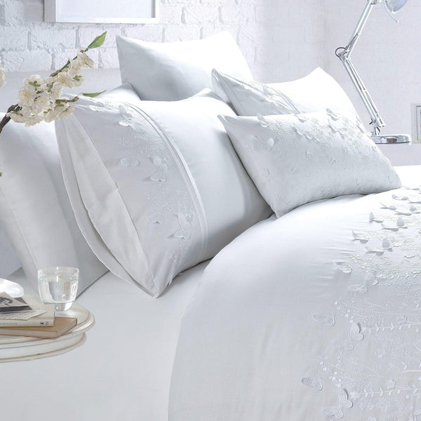Papillion Butterfly Embellished White Duvet Cover Set - Single - Ideal Textiles
