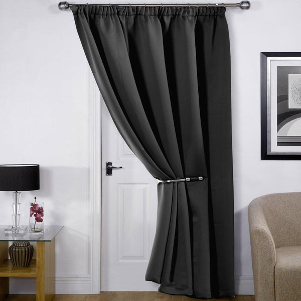 Cali Plain Thermal Blackout Pencil Pleat Door Curtain Panels Black - 46'' x 84'' - Ideal Textiles