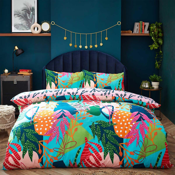 Coralina Tropical Palm Reversible Multicolour Duvet Cover Set - Single - Ideal Textiles