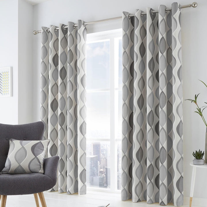 Lennox Geometric Lined Eyelet Curtains Grey - 46'' x 54'' - Ideal Textiles
