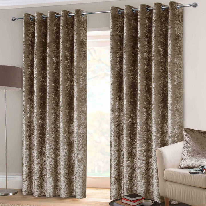 Crushed Velvet Lined Eyelet Curtains Mink - 66'' x 72'' - Ideal Textiles